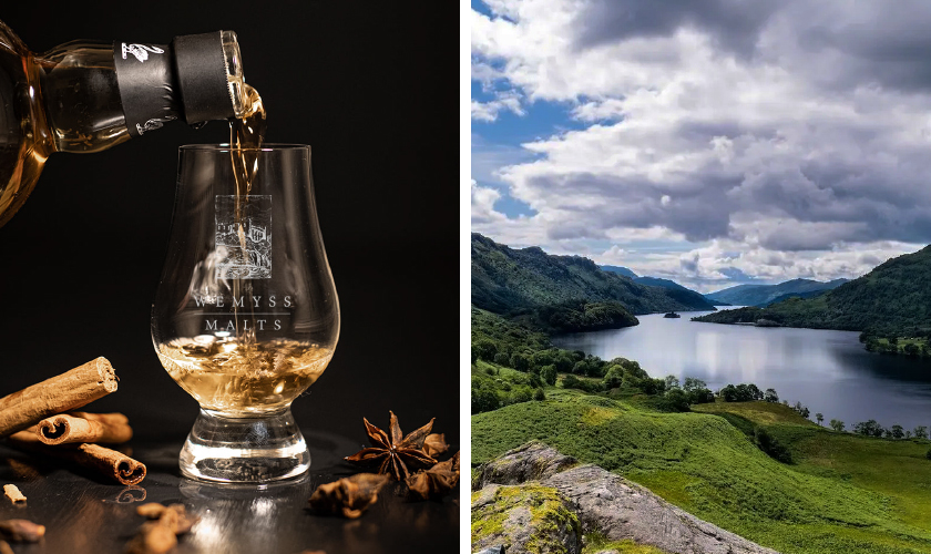 ウィームスモルト ウイスキーグラスとスコットランド風景