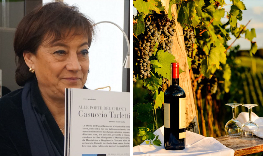 カズッチョ タルレッティ ブルーナ氏とブドウ畑の中にワインボトルとワイングラス